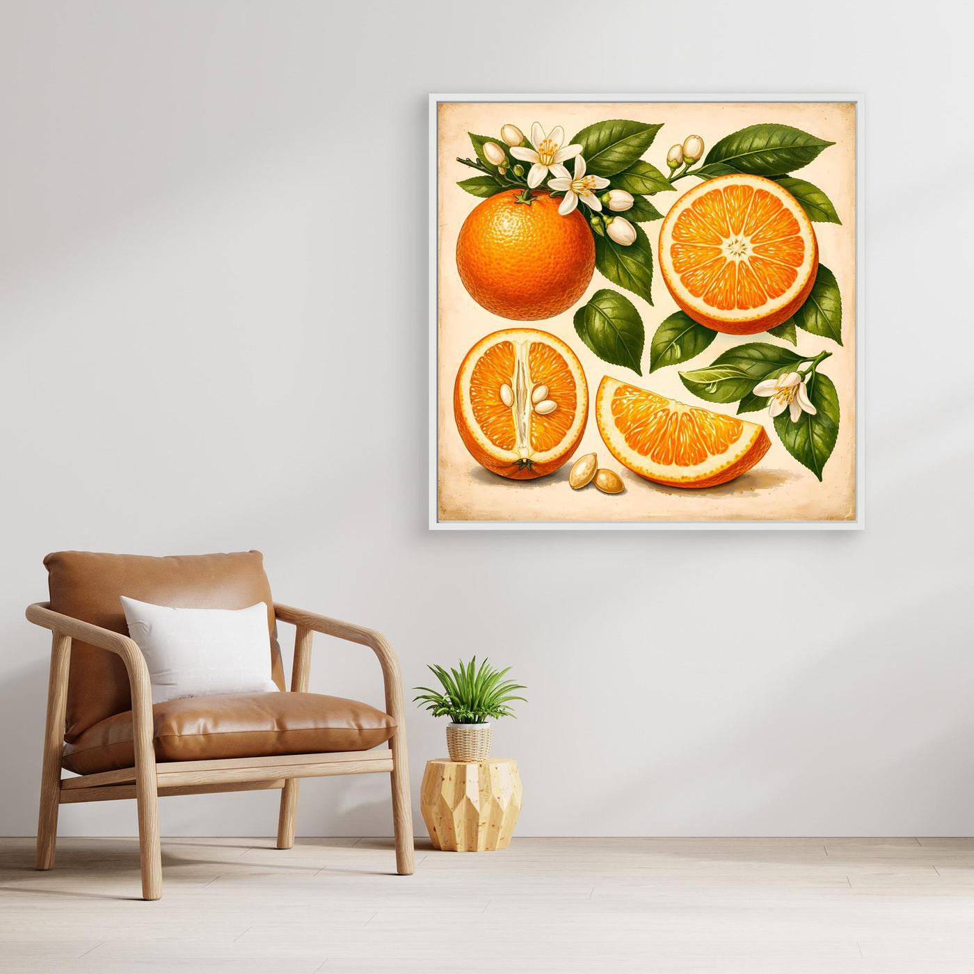 Leinwandbild mit Orangen und Zitrusblättern, stilisierte Blüten, Rahmen aus Holz