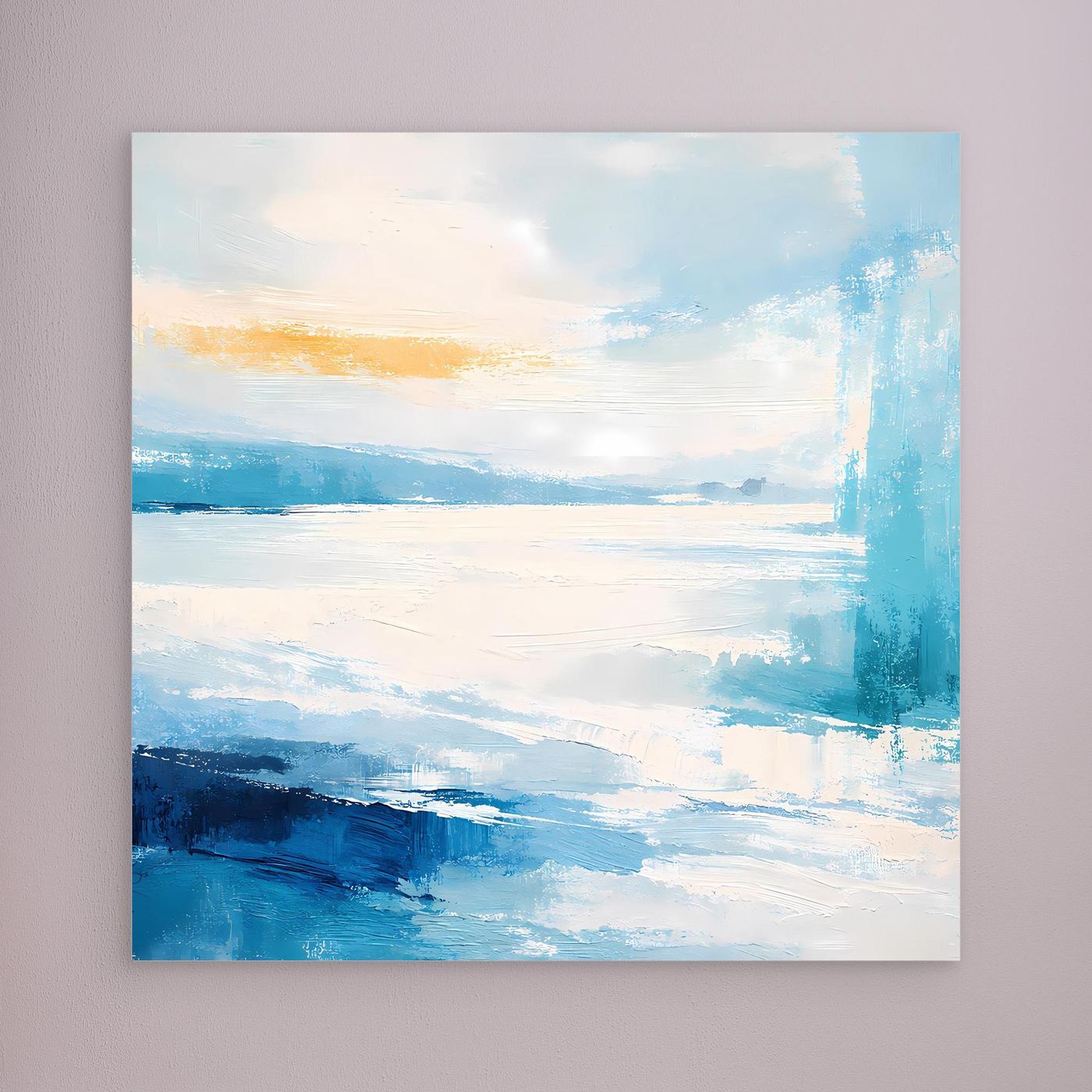 Leinwandbild mit abstrakter Küstenlandschaft in Blau und Türkis