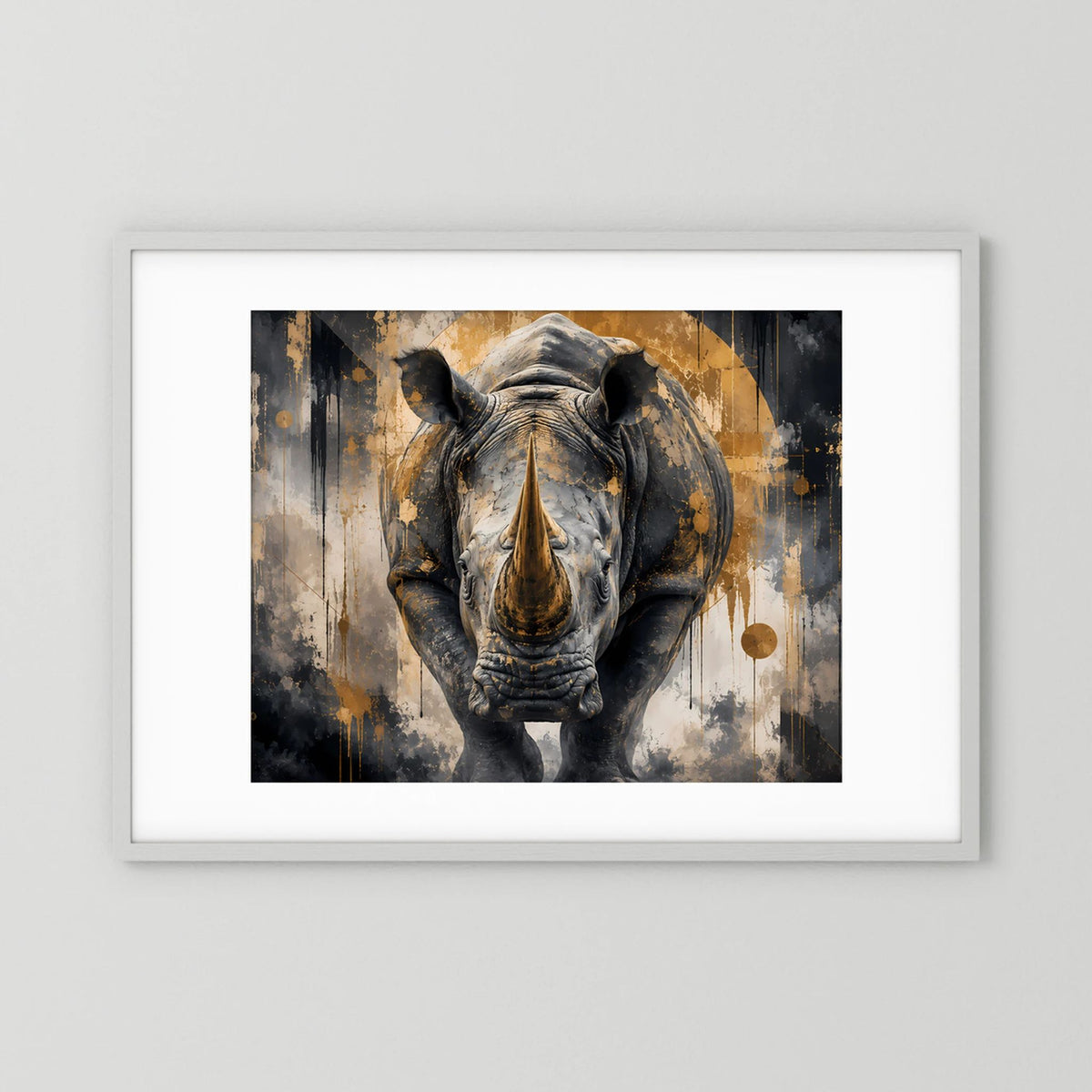 Abstraktes Nashorn-Poster mit weißem Rahmen und Passepartout, Schwarz-Gold im Querformat