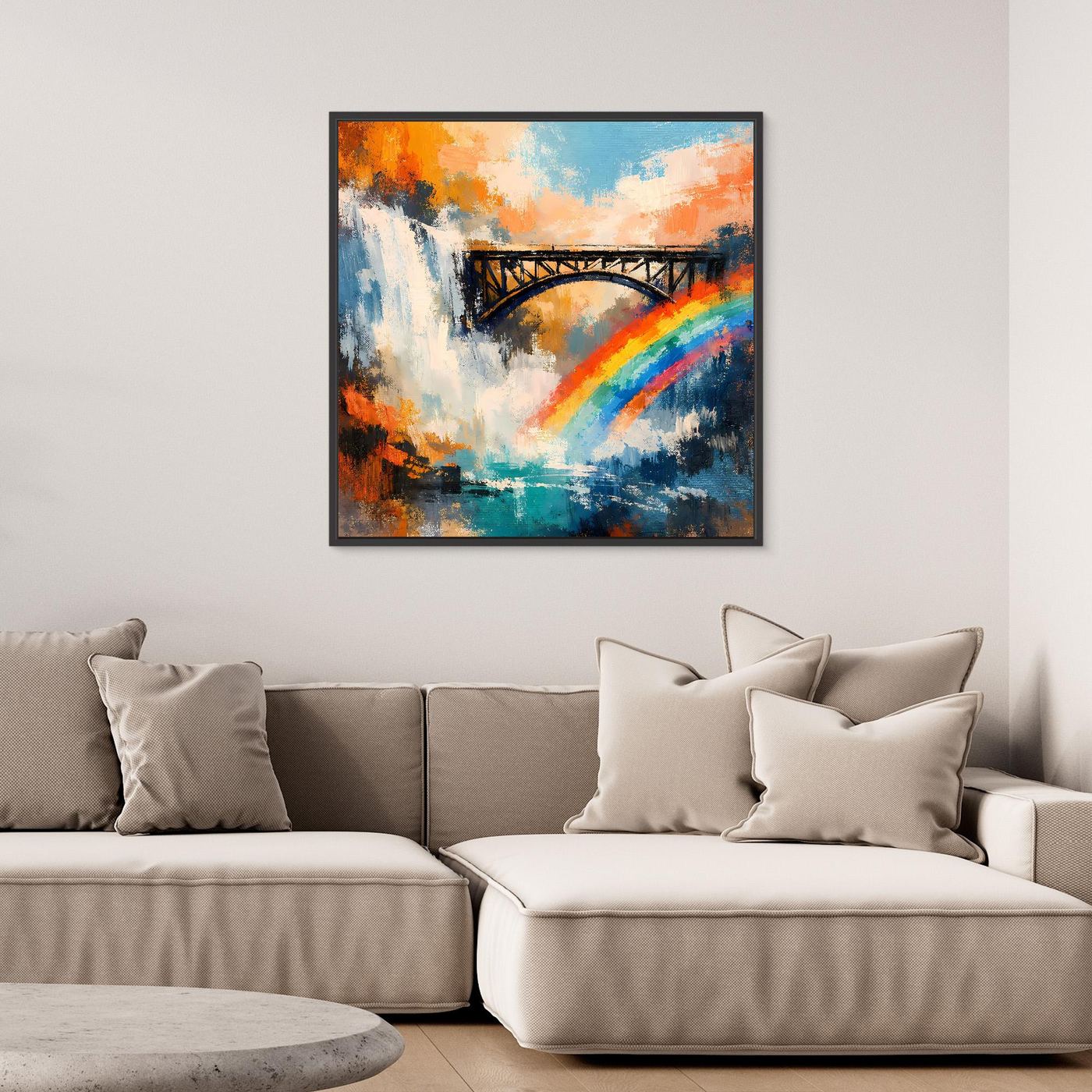Wandbild mit Wasserfall, Brücke und Regenbogen, rechteckig, schwarzer Rahmen