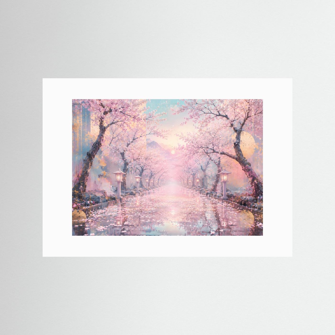 Kirschblütenweg im Morgenlicht | Japanische Sakura Landschaft in Rosa & Gold – Elegante Wandkunst