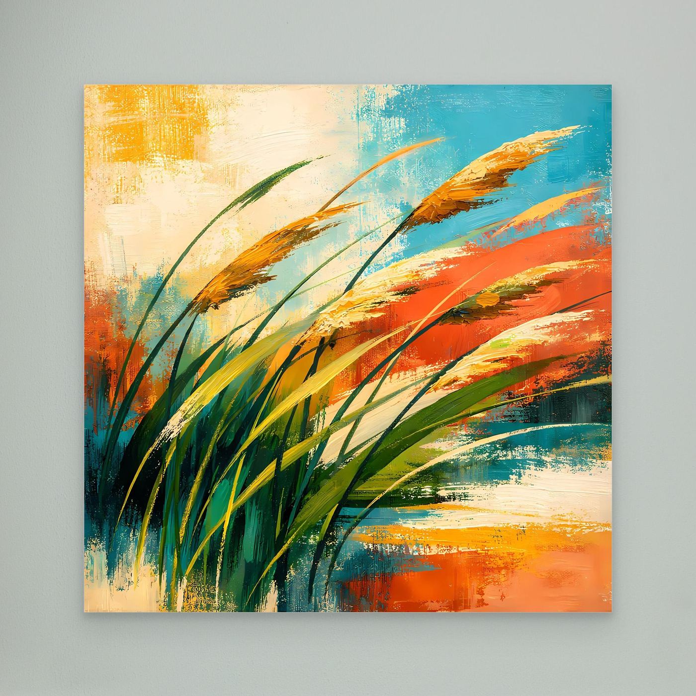 Leinwandbild im Querformat mit abstrakten Gräsern (Grün, Orange, Blau), ungerahmt