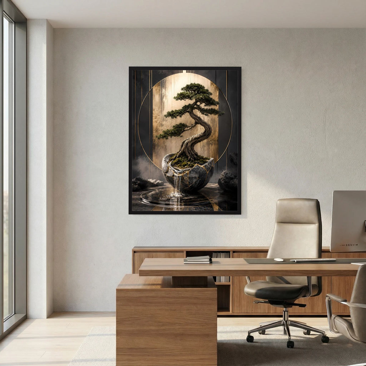 Gerahmtes Poster mit Zen-Bonsai im dunklen Gefäß, schwarz-goldener ovaler Lichtausschnitt