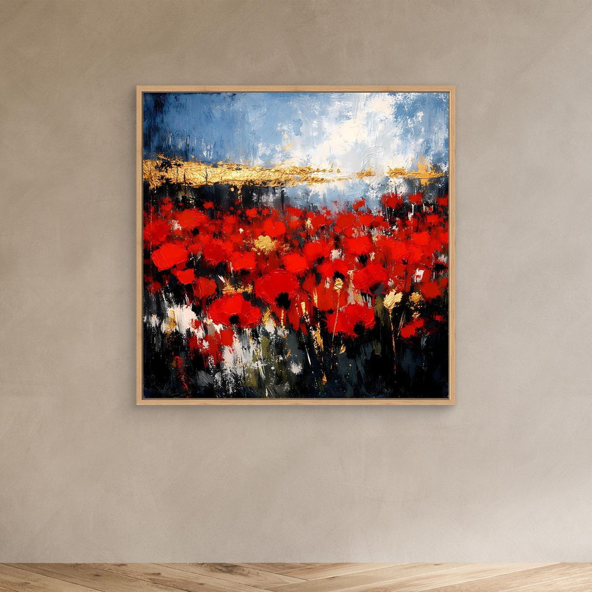 Abstraktes Wandbild mit roter Blütenlandschaft, blauem Himmel und goldener Horizontlinie im Eichenrahmen