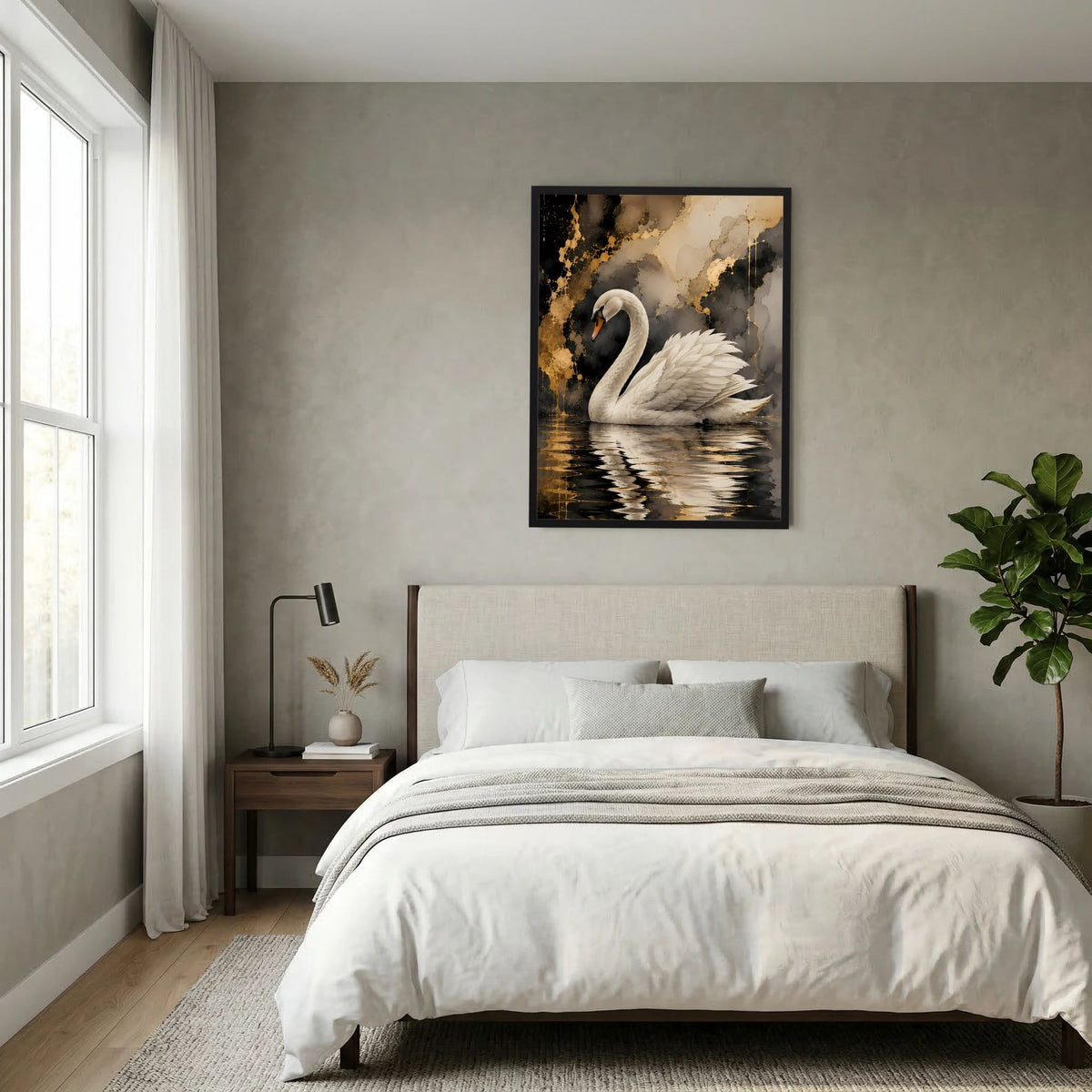 Hochformat-Poster mit weißem Schwan und dunklem Wasser, goldene Punkte und schwarz-braune Wolken, Rahmen
