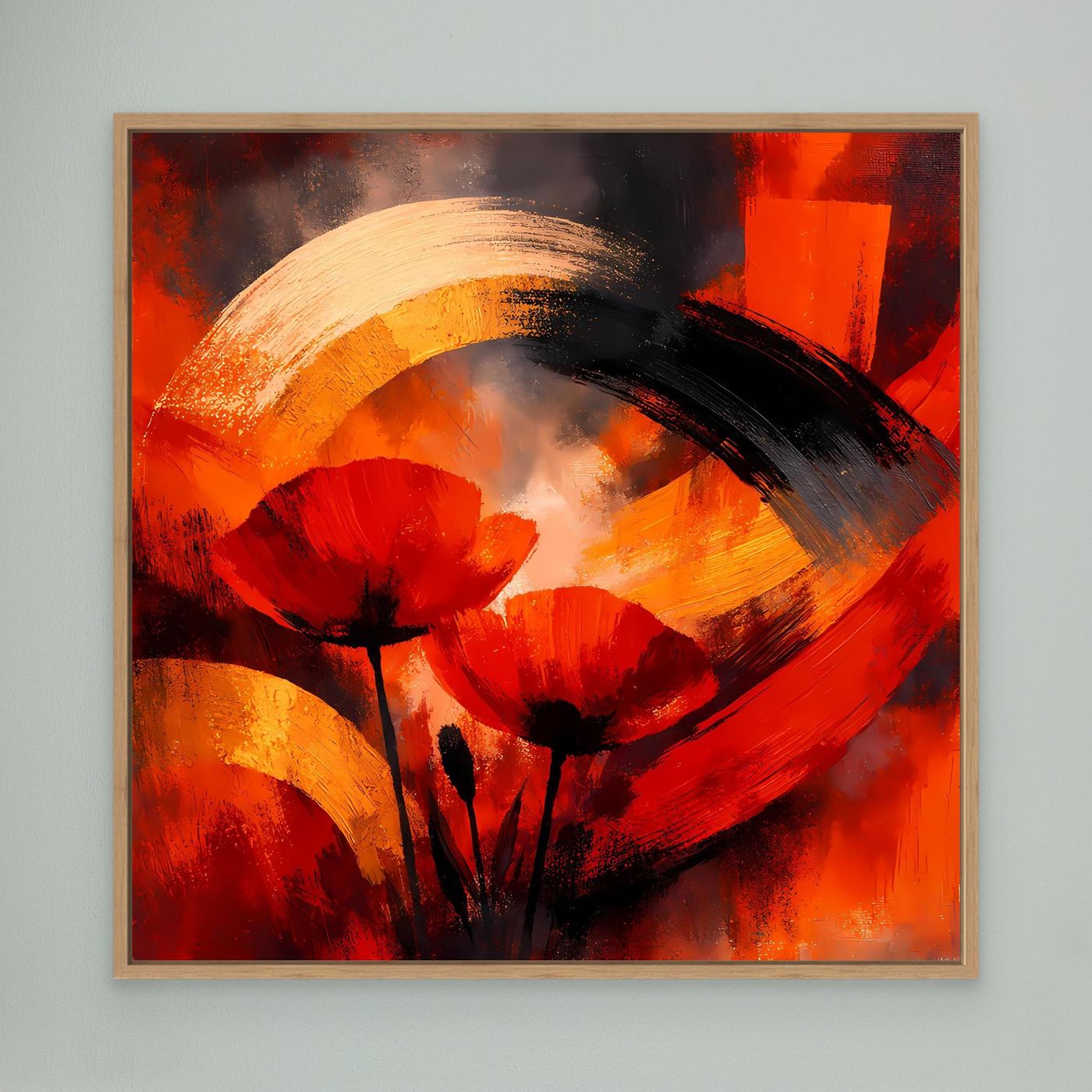 Abstraktes Leinwandbild mit roten Mohnblüten, orange-goldener Rundform und schwarzen Pinselstrichen