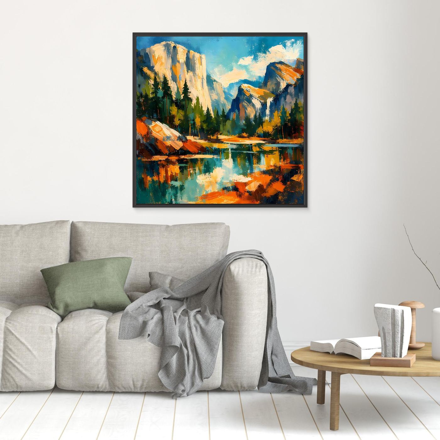 Kleines Wandbild auf Leinwand mit abstrakter Berglandschaft und Fluss, schwarzer Rahmen