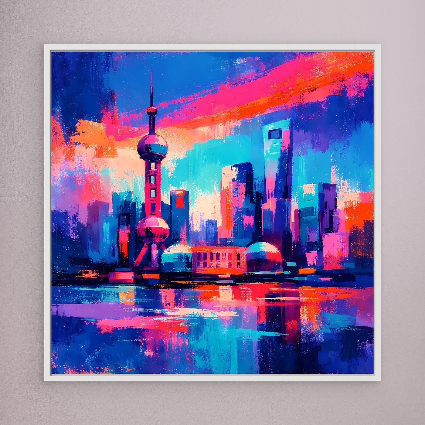 Wandbild mit abstrakter Neon-Stadtansicht und Reflexionen, weiß gerahmt