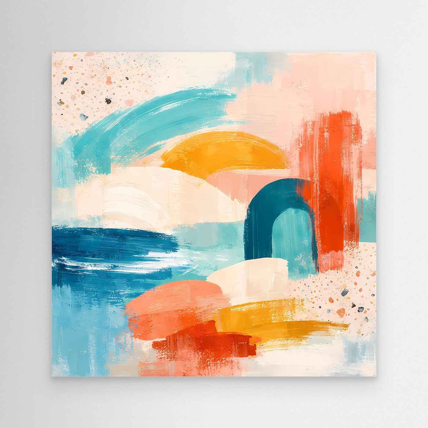 Unframed abstract pastel canvas wall art with teal, peach, orange and blue blocks