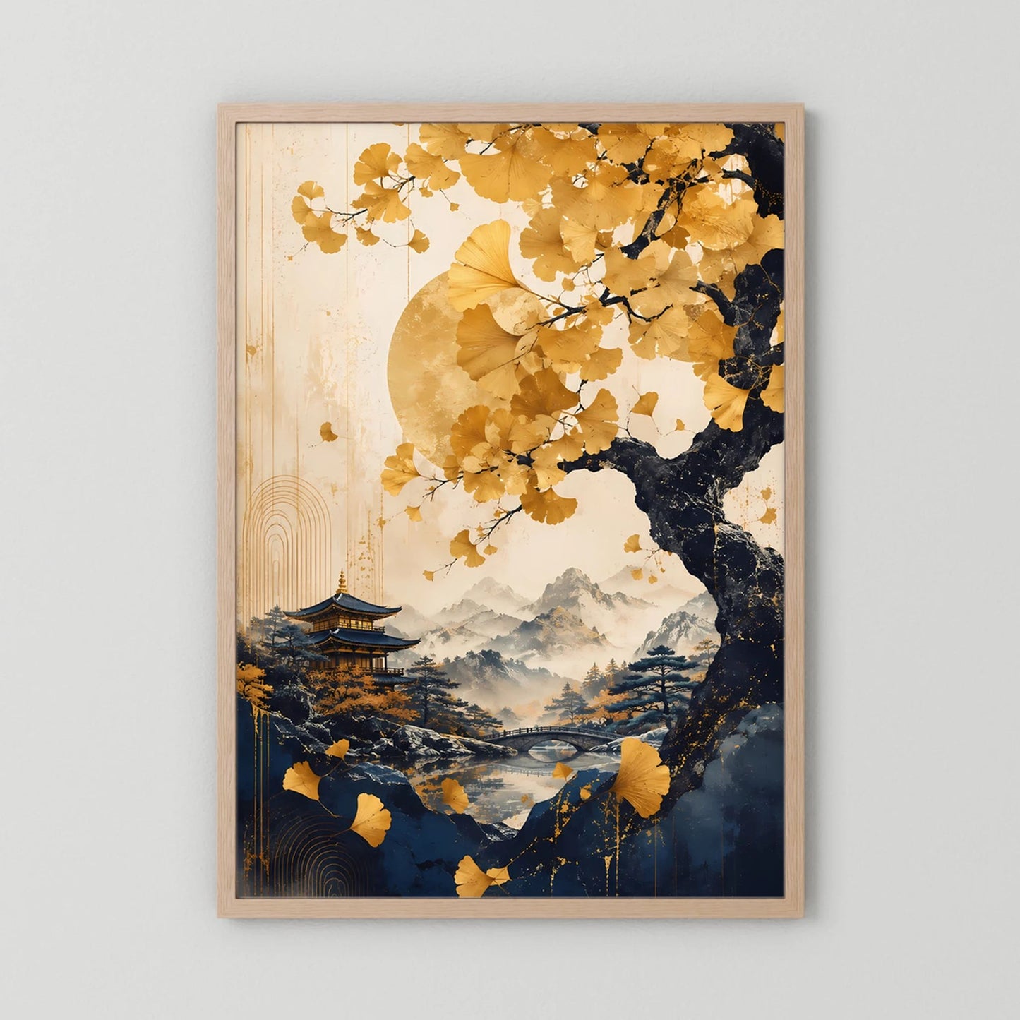 Poster im Hochformat mit goldenen Ginkgoblättern, Pagode und Mond über Berglandschaft, Holzrahmen