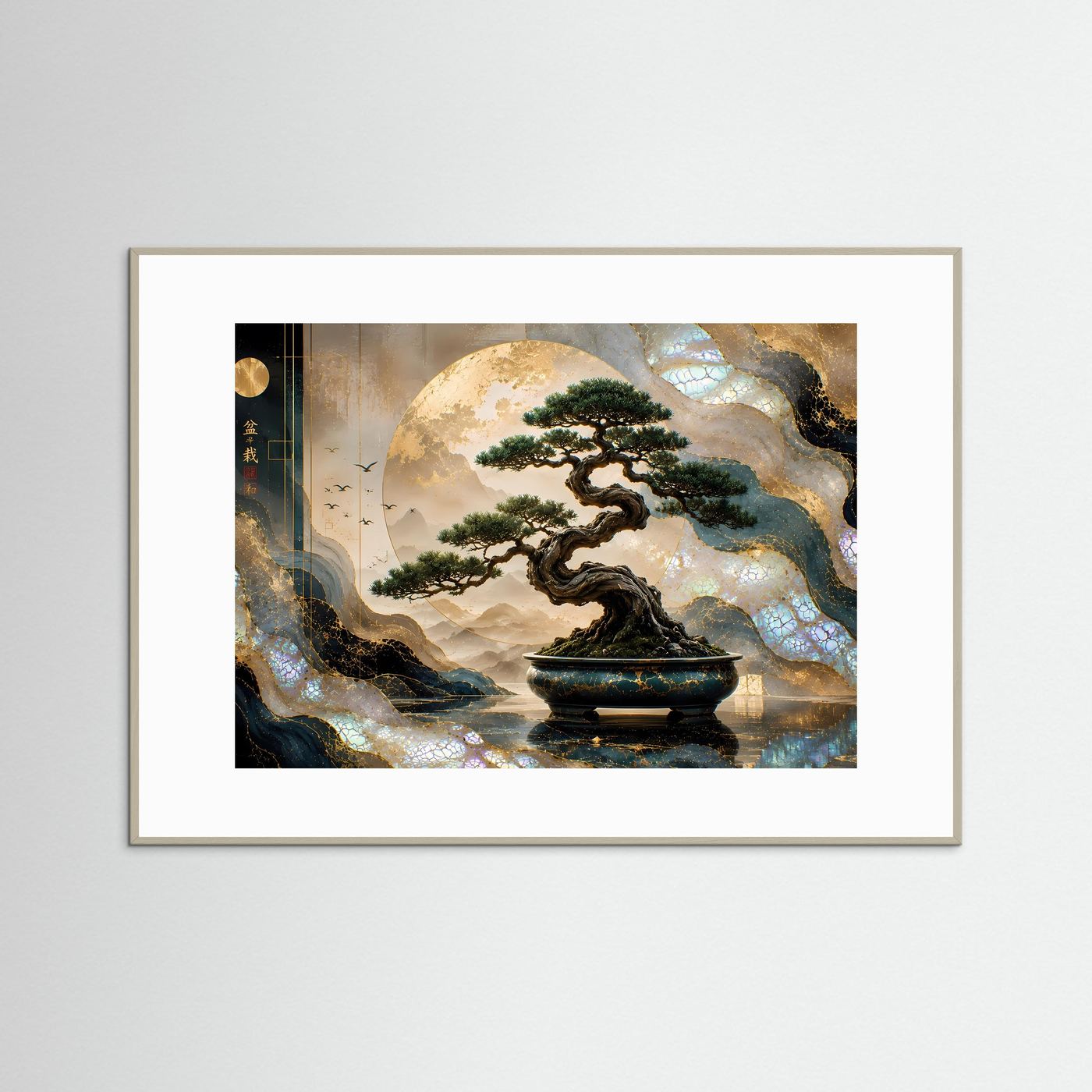 Majestätischer Bonsai in Gold & Perlmutt | Asiatische Zen Wandkunst