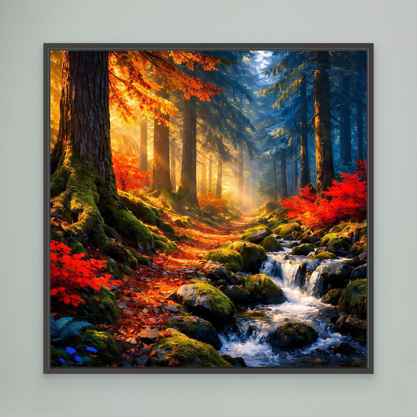 Wandbild mit Herbstwald und Bach, warmes Licht, schwarzer Rahmen