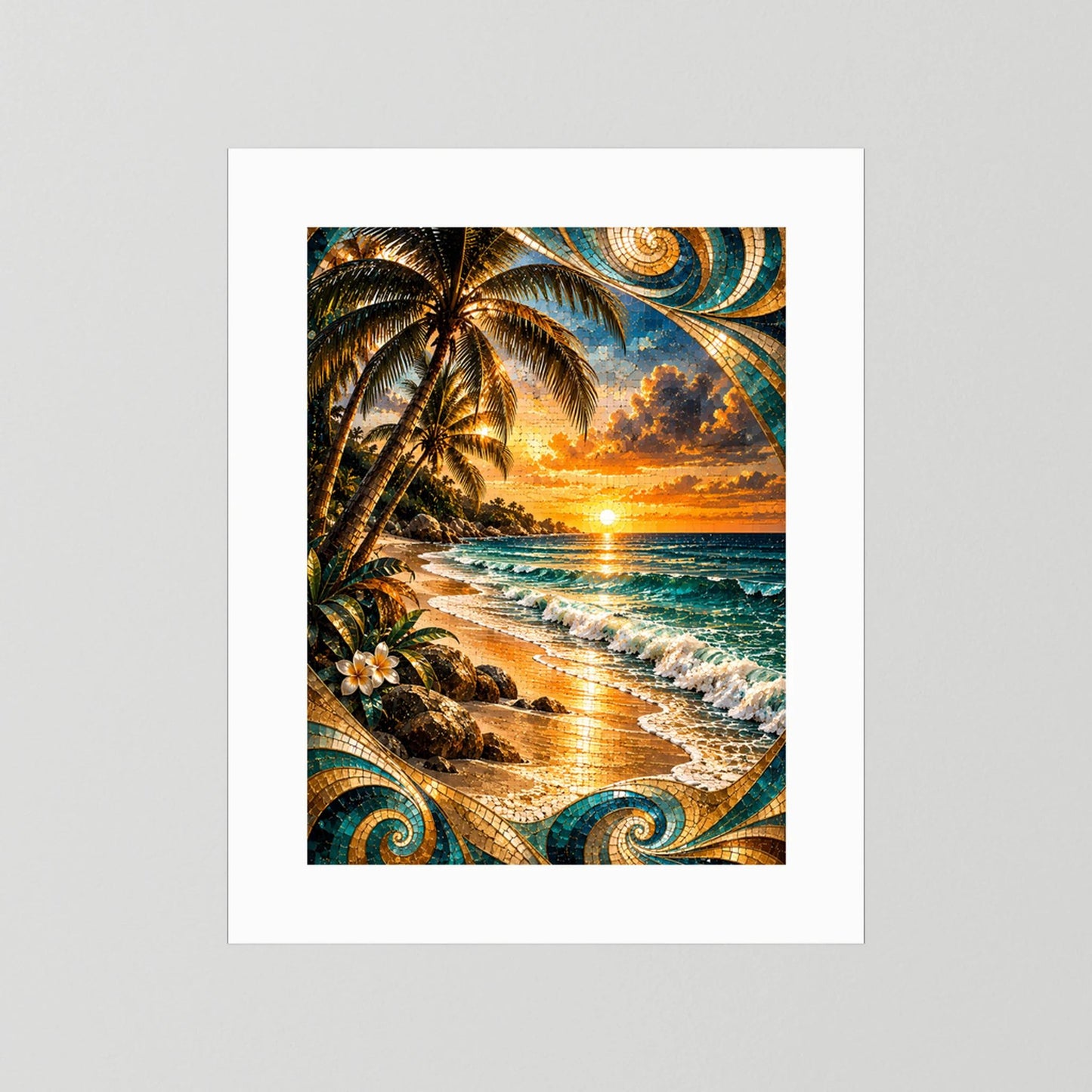 Tropischer Strand bei Sonnenuntergang | Mosaik Kunst in Türkis & Gold | Poster Hochformat