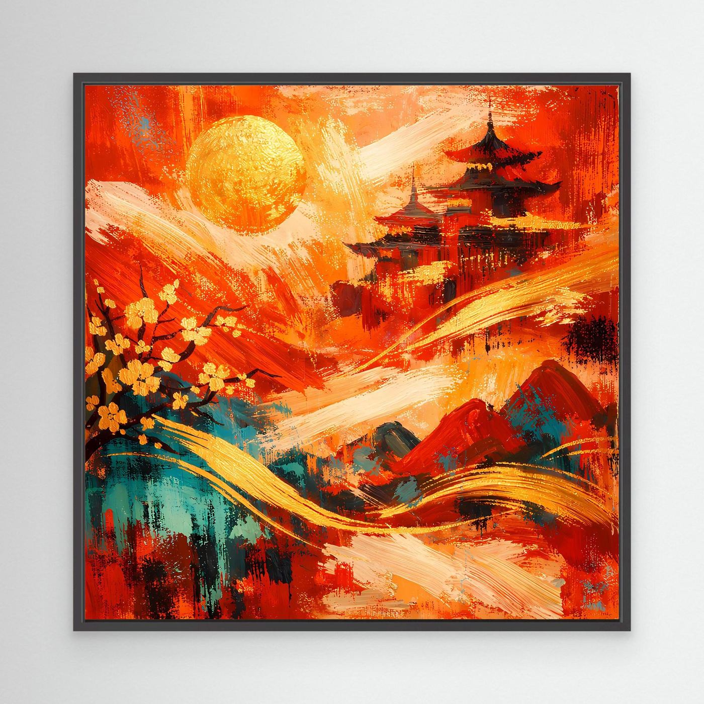 Abstraktes Leinwandbild mit Pagode, Sonne und Blüten in Rot, schwarzer Rahmen