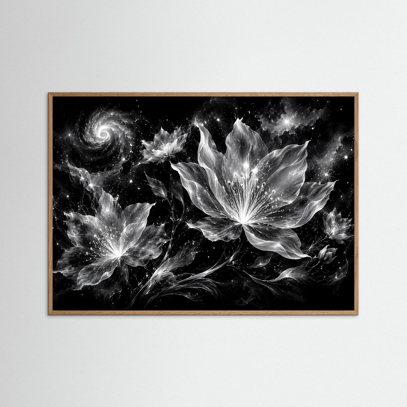 Schwarz Weiß Blumen Poster | Kosmische Blüten Wandkunst | Abstrakte Florale Kunst | Moderne Monochrome Leinwand | Galaxy Design