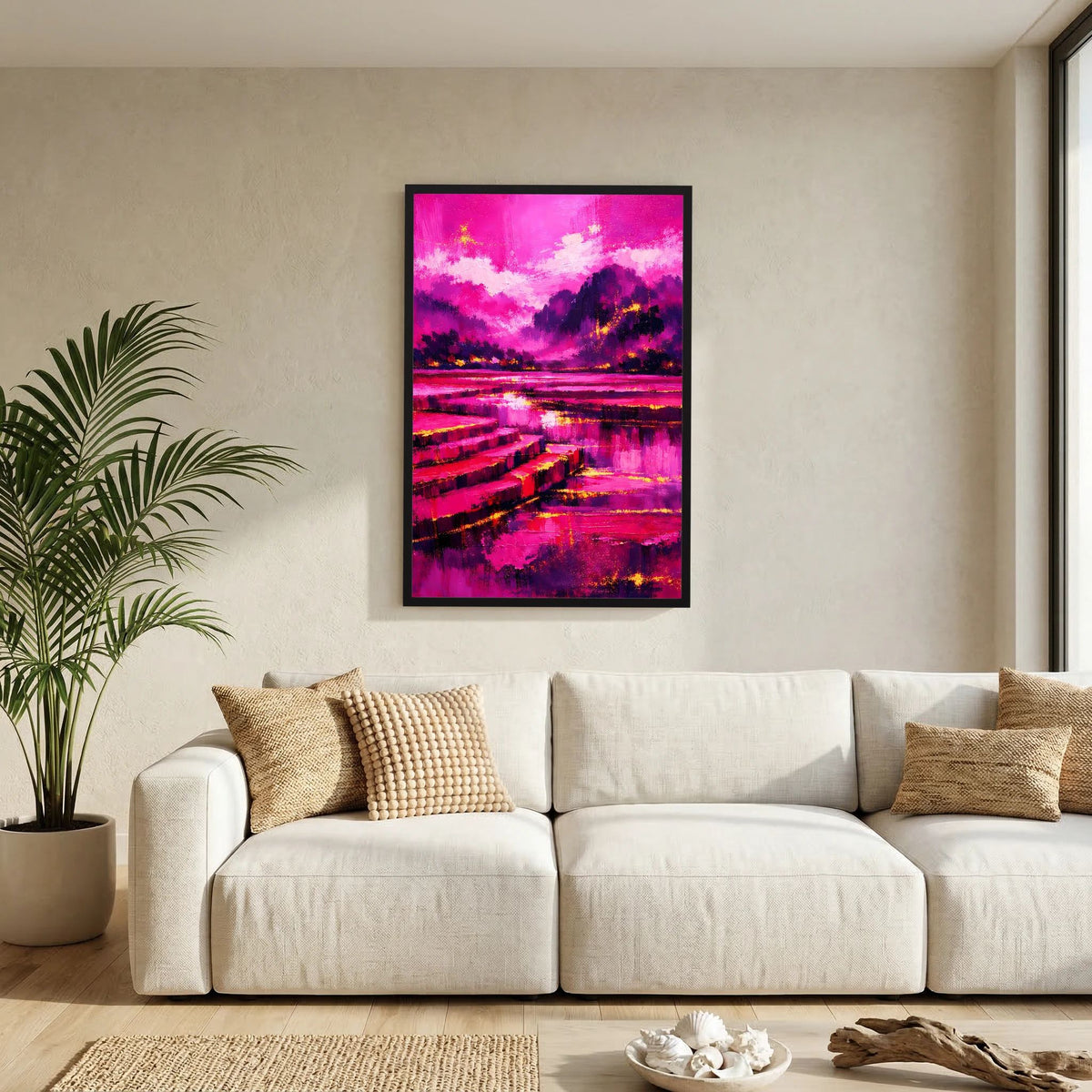Hochformat-Poster mit Pink-Magenta-Abstract-Landschaft, Fluss und Baumformen im schwarzen Rahmen an der Wand.
