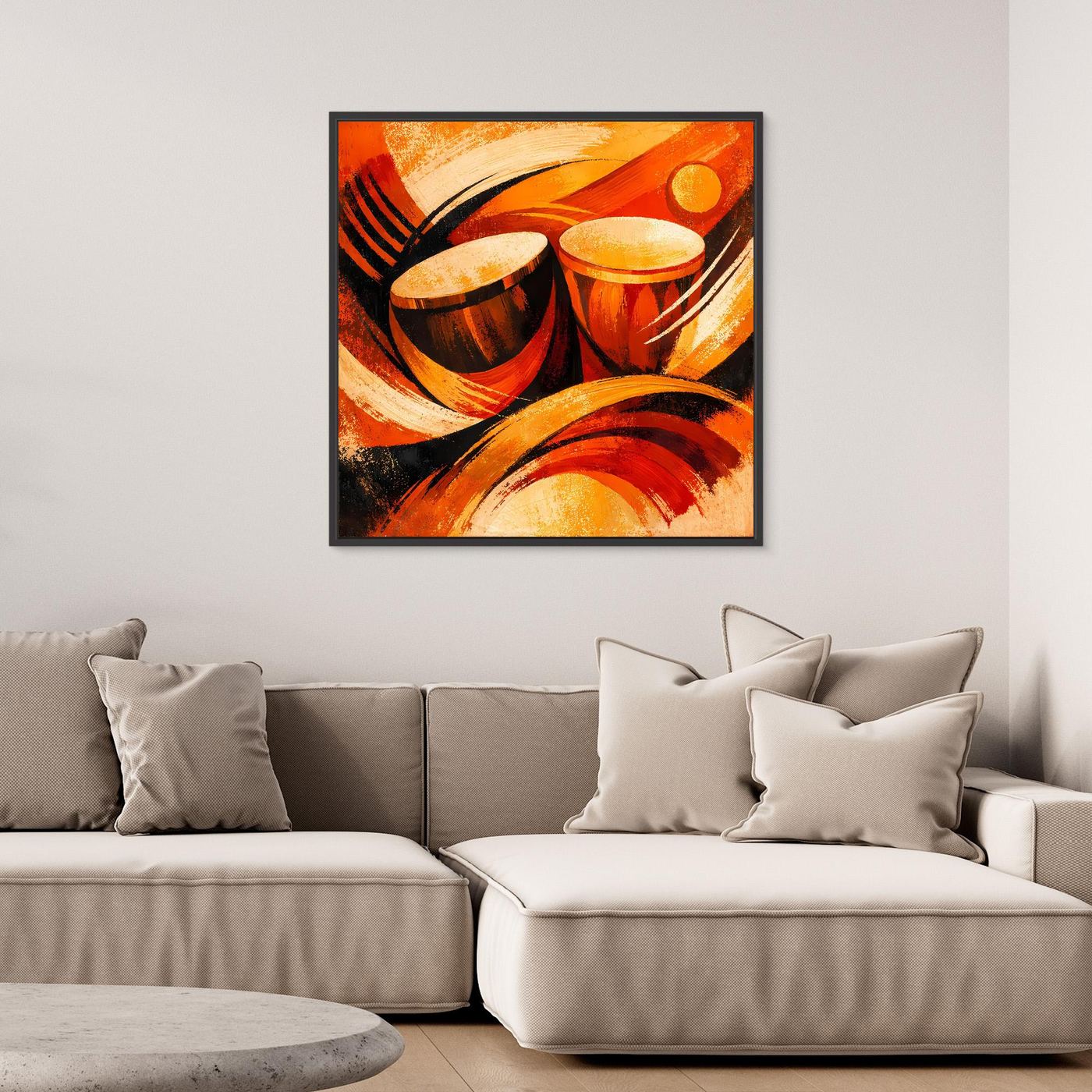 Abstraktes Leinwandbild mit Trommel-Elementen in Orange, Rot und Creme, quadratisch, gerahmt