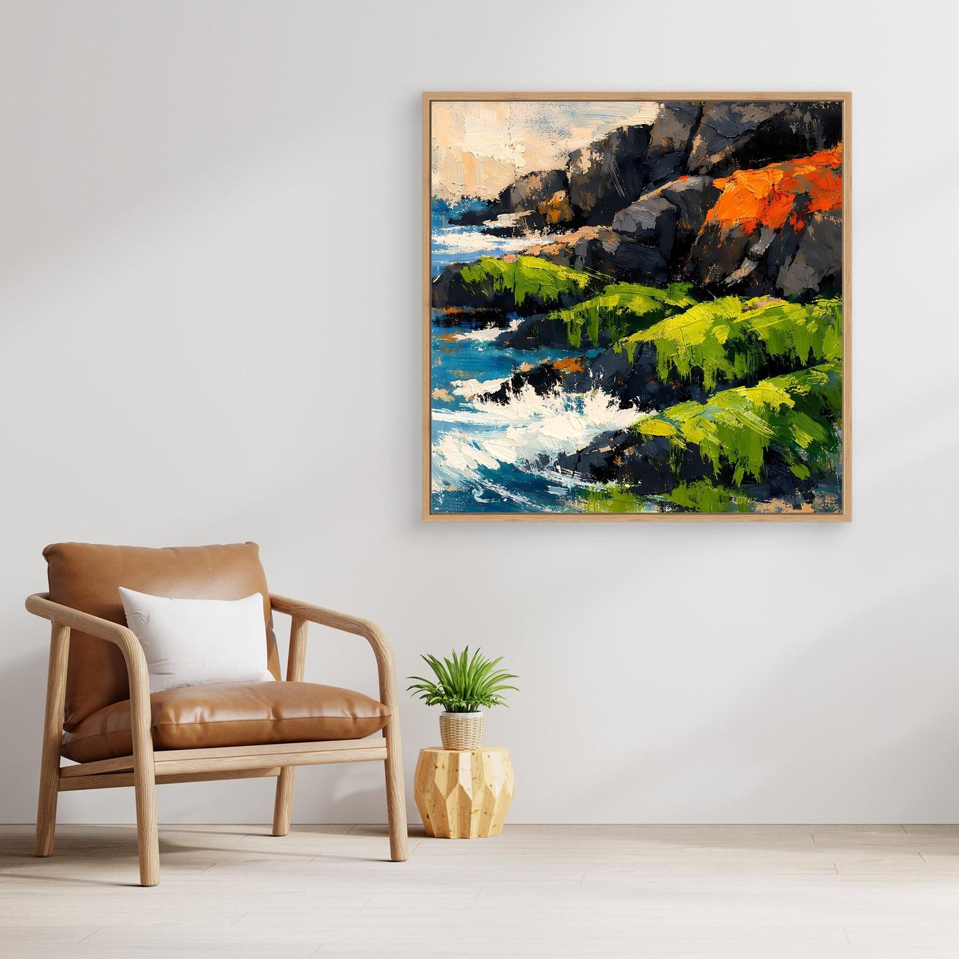 Abstraktes Küstenlandschaft-Wandbild mit grünem Gestrüpp, dunklem Fels und orangefarbenem Akzent