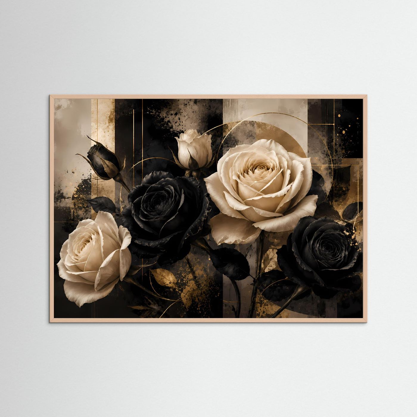 Blumenposter mit schwarzen, weißen und goldfarbenen Rosen, rosafarbener Rahmen