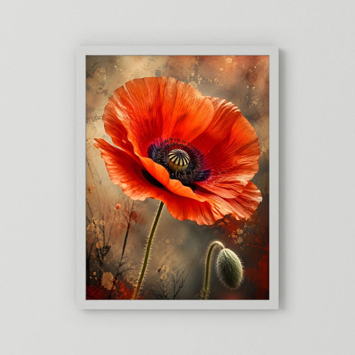 Mohnblumen-Poster mit roter Mohnblüte in Nahaufnahme, weißer Rand ohne Rahmen