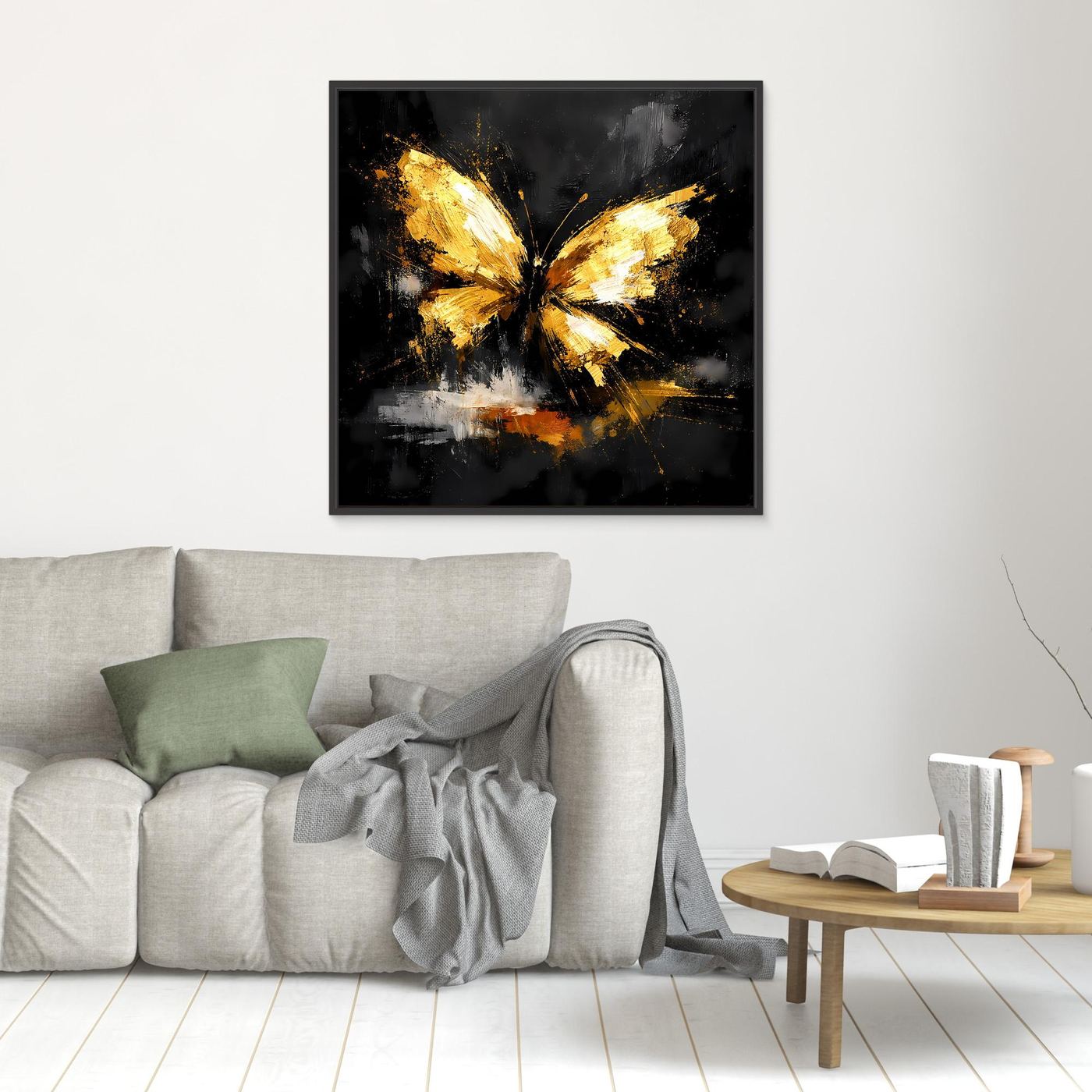 Leinwand Goldener Schmetterling Abstrakt | Modernes Insekten Wandbild Schwarz Gold