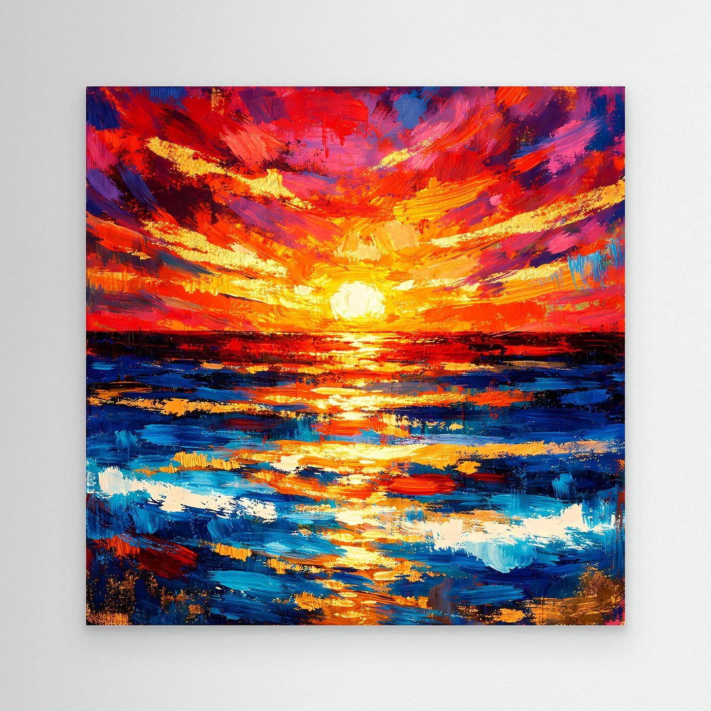 Abstraktes Leinwandbild mit Sonnenuntergang am Meer, kräftige Blau-Orange Farbflächen