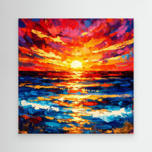 Abstraktes Leinwandbild mit Sonnenuntergang am Meer, kräftige Blau-Orange Farbflächen