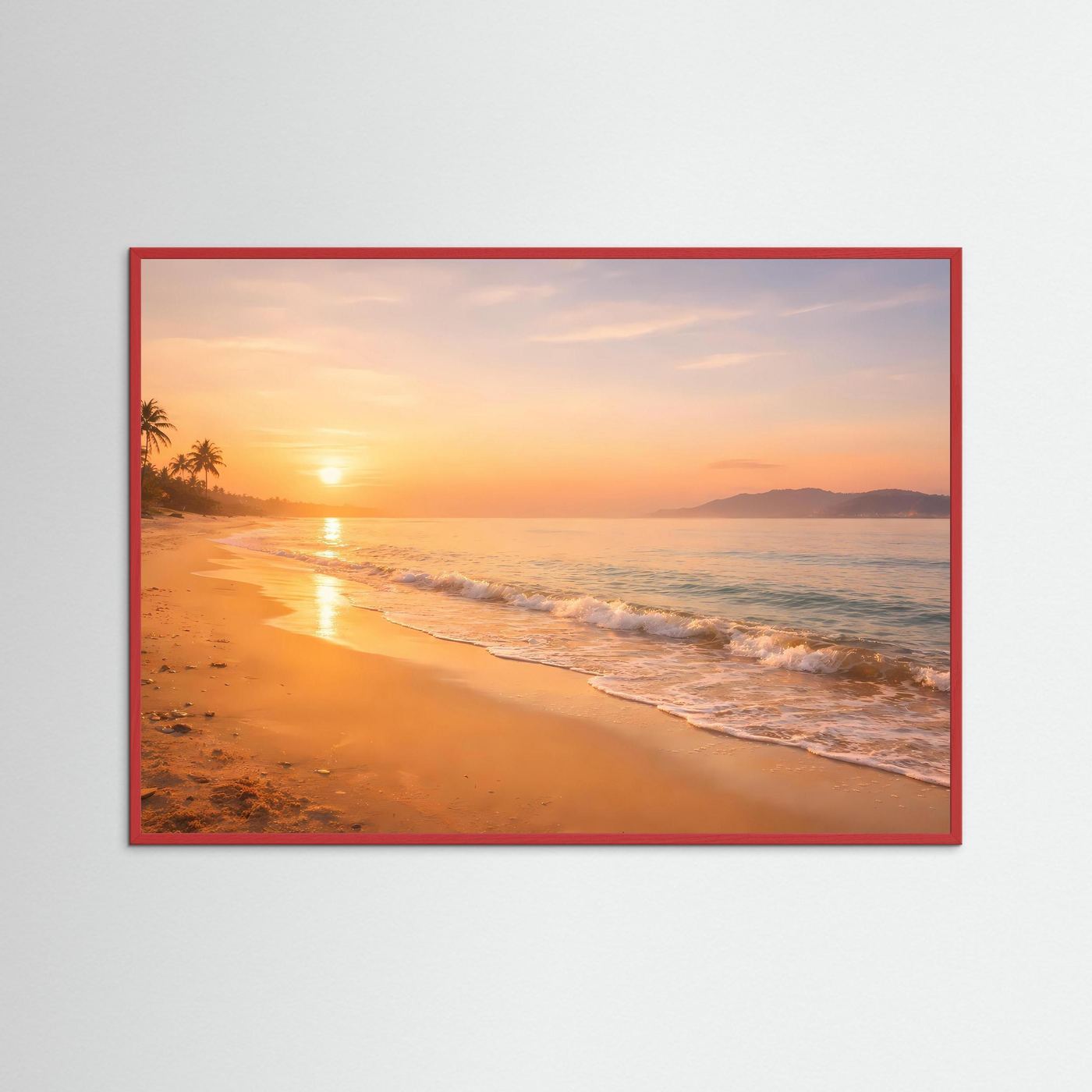 Wandbild Sonnenuntergang am Strand mit rotem Rahmen, Hochformat
