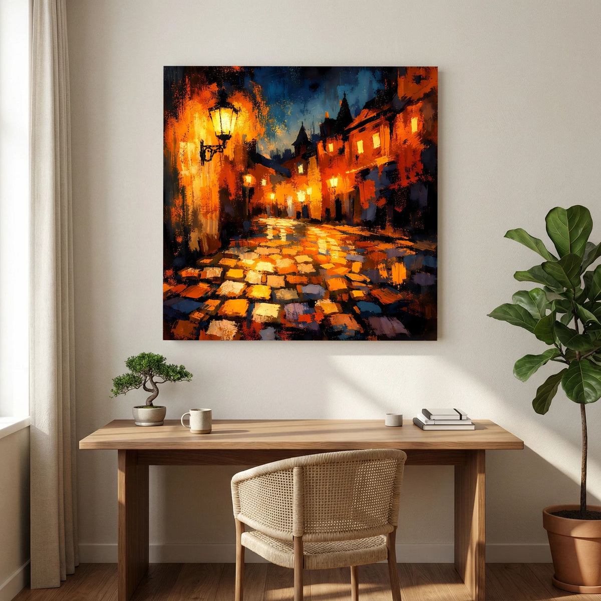 Leinwand Abstraktes Altstadt Gemälde | Modernes Romantisches Gassen Wandbild bei Nacht