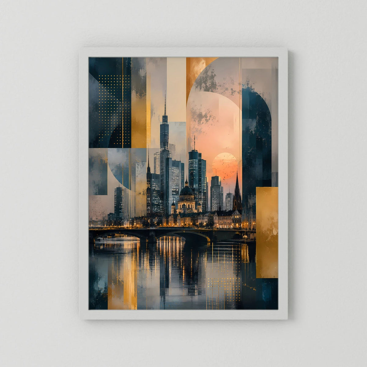 Poster (Hochformat) mit abstrakter Skyline am Fluss, Gold- und Petroltöne, weißer Rahmen