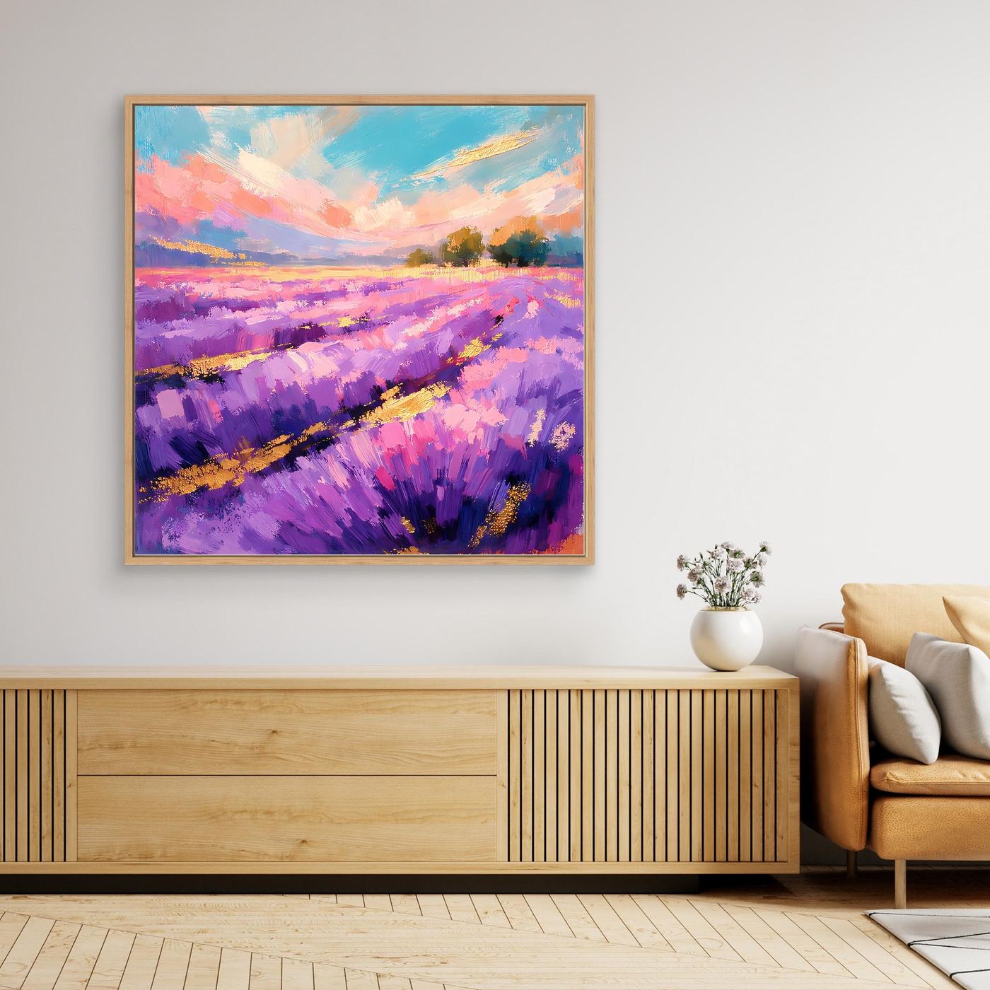 Gerahmtes Leinwandbild mit Lavendelfeld in Violett und goldenen Akzenten