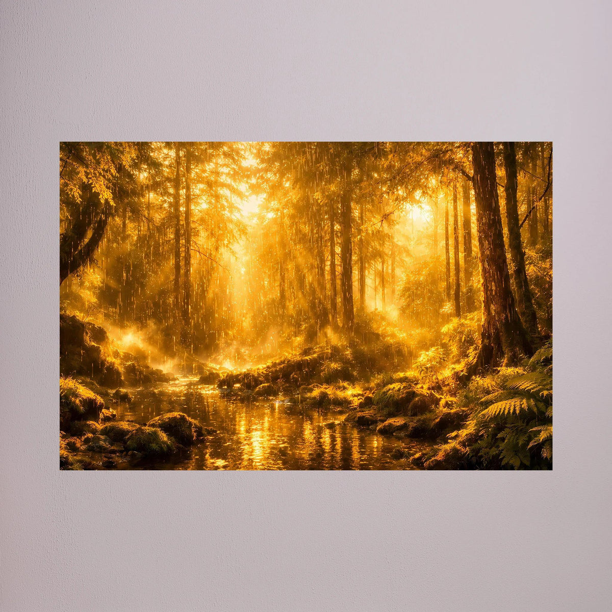 Wandbild im Querformat: mystischer Wald mit Fluss, goldene Lichtstrahlen durch Bäume
