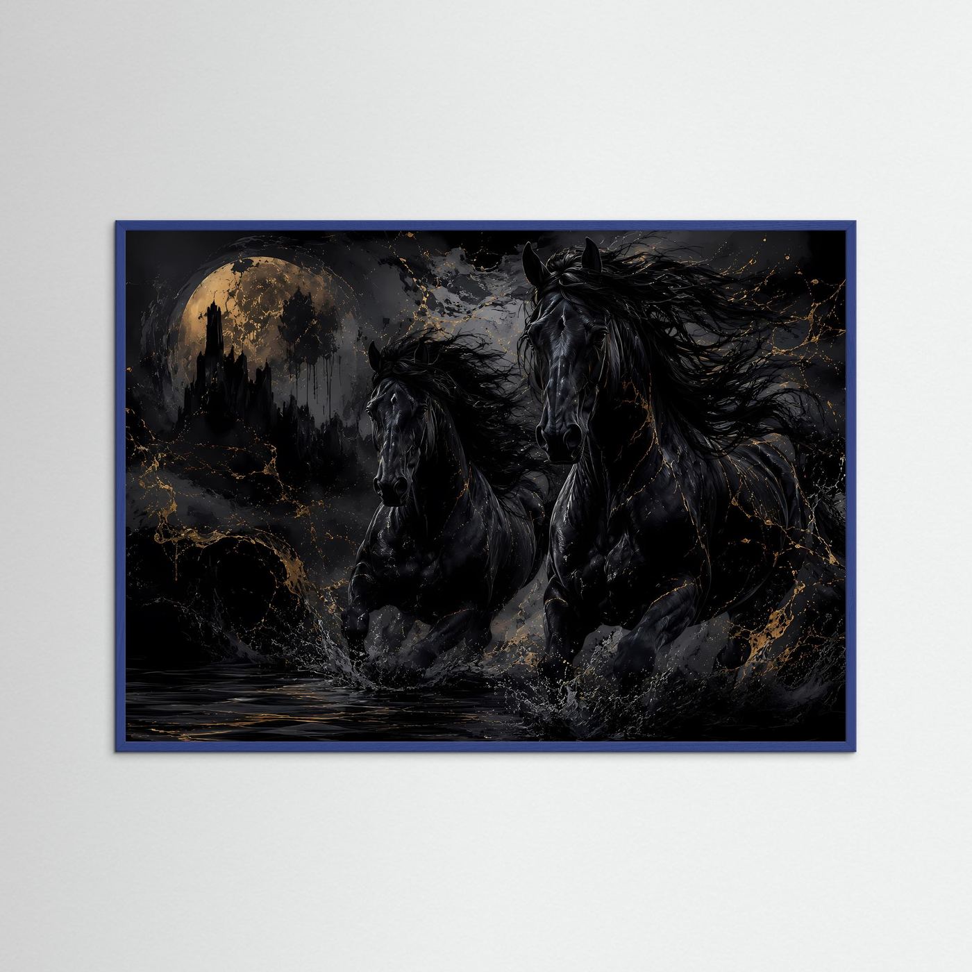Schwarze Pferde Poster | Mystische Pferde Wandkunst mit Vollmond | Dunkle Fantasy Pferde | Eleganter Gothic Kunstdruck