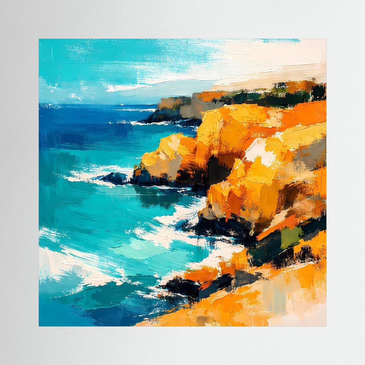 Leinwand Abstraktes Steilküsten Gemälde | Modernes Mediterranes Meeres Wandbild Blau Gelb