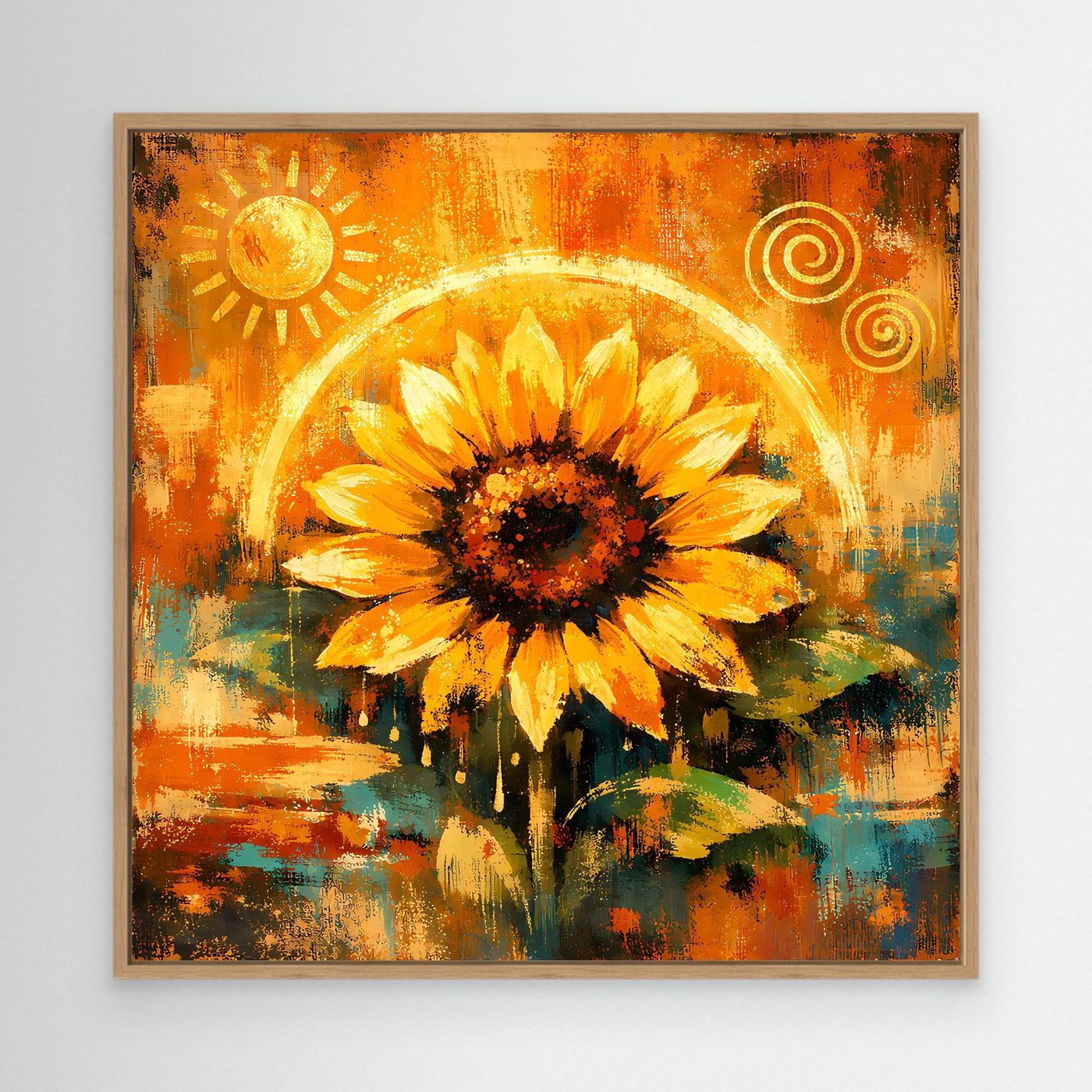 Abstraktes Leinwand-Wandbild mit goldener Sonnenblume, Sonne und Kreismotiven, Eichenrahmen