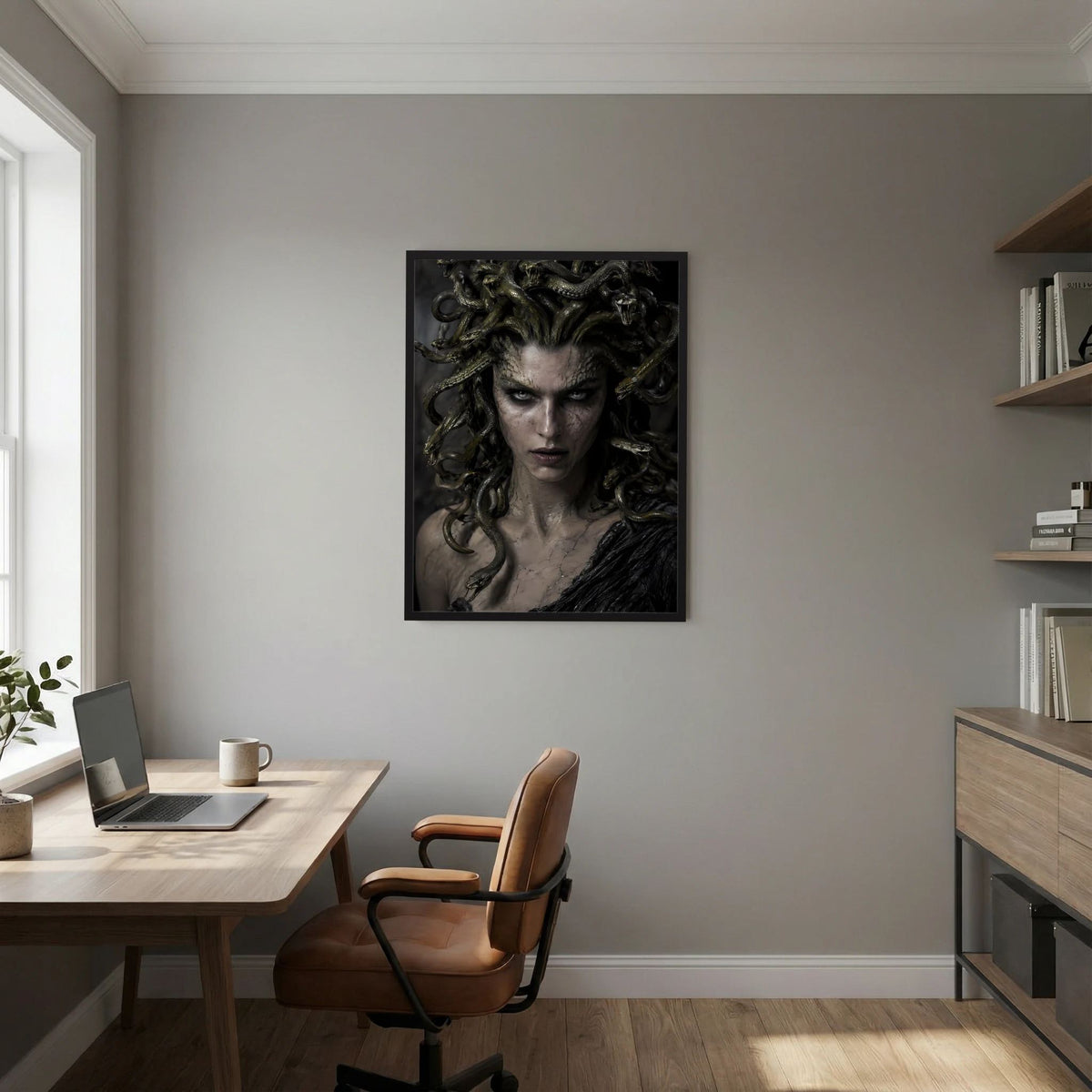Medusa-Porträtposter im schwarzen Rahmen mit Schlangenhaaren und Schatten