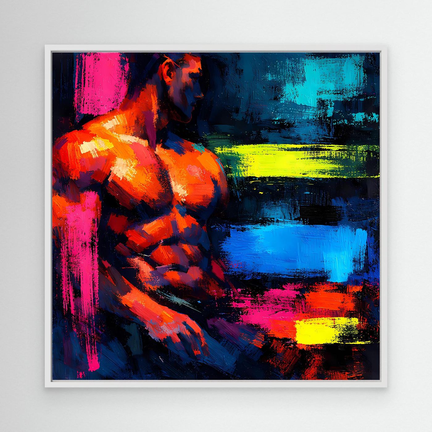 Leinwandbild Abstrakter Männlicher Torso | Moderner Neon-Kunst Wandbild auf echtem Holzkeilrahmen