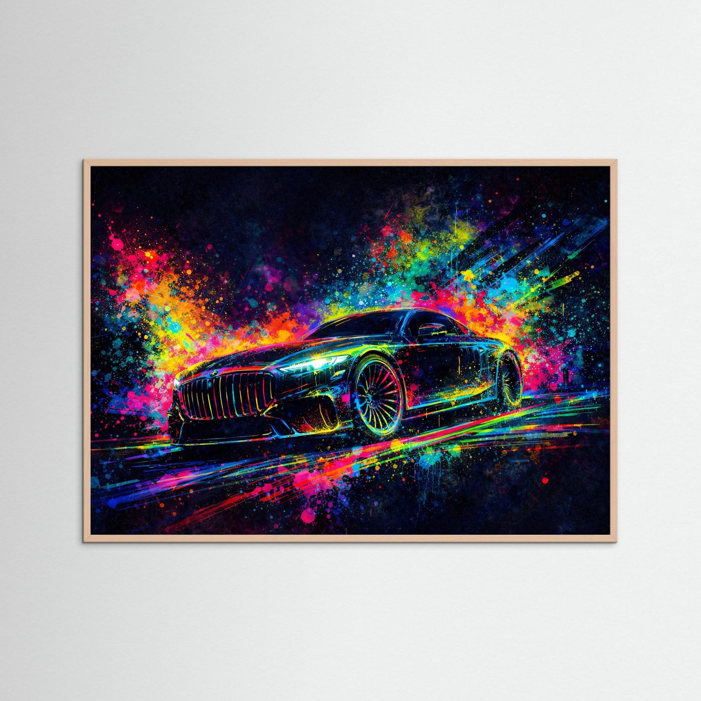 Wandbild mit abstraktem Neon-Sportwagen, naturbraun gerahmt, farbige Lichtspuren und Spritzer