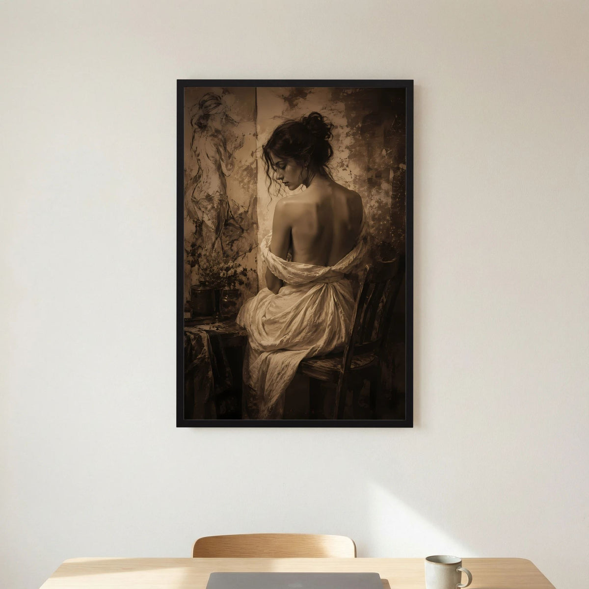 Kunstposter mit Porträt einer Frau im Sepia-Stil, schwarzer Rahmen, ohne Passepartout