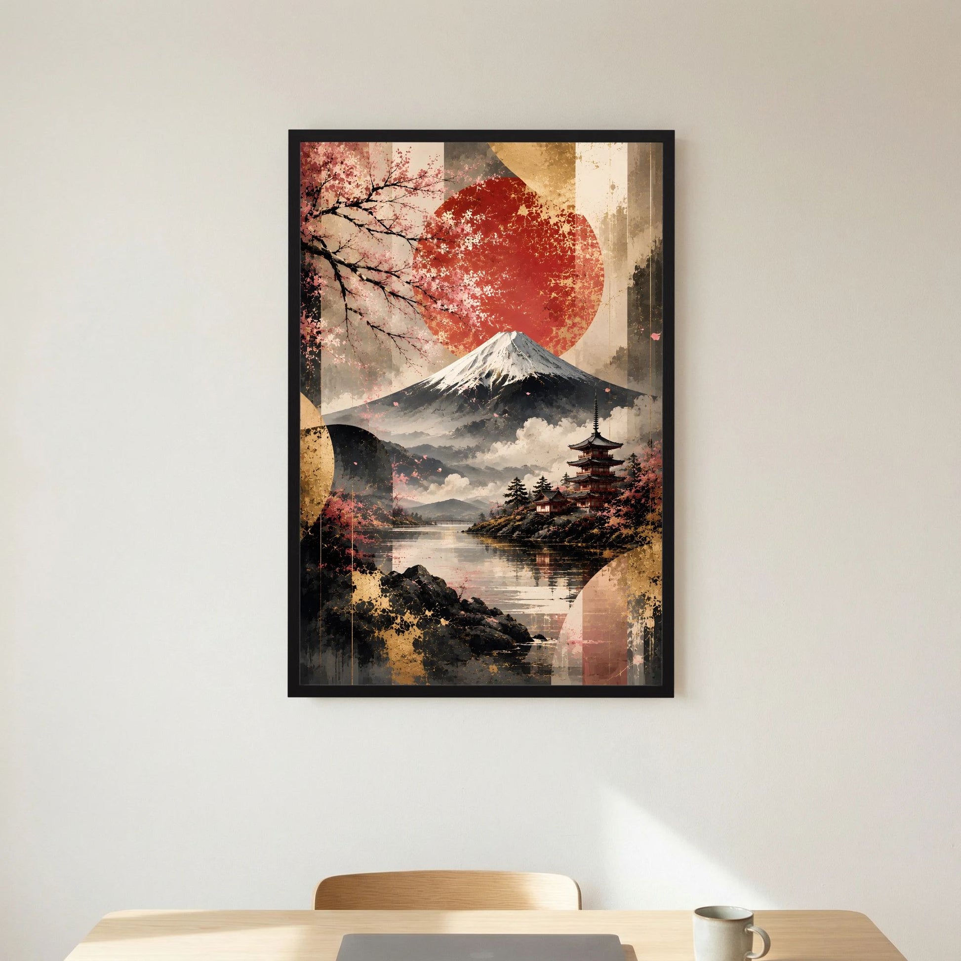 Hochformatiges Poster mit Fuji und Pagode, Kirschblüten und roter Sonne im schwarzen Rahmen