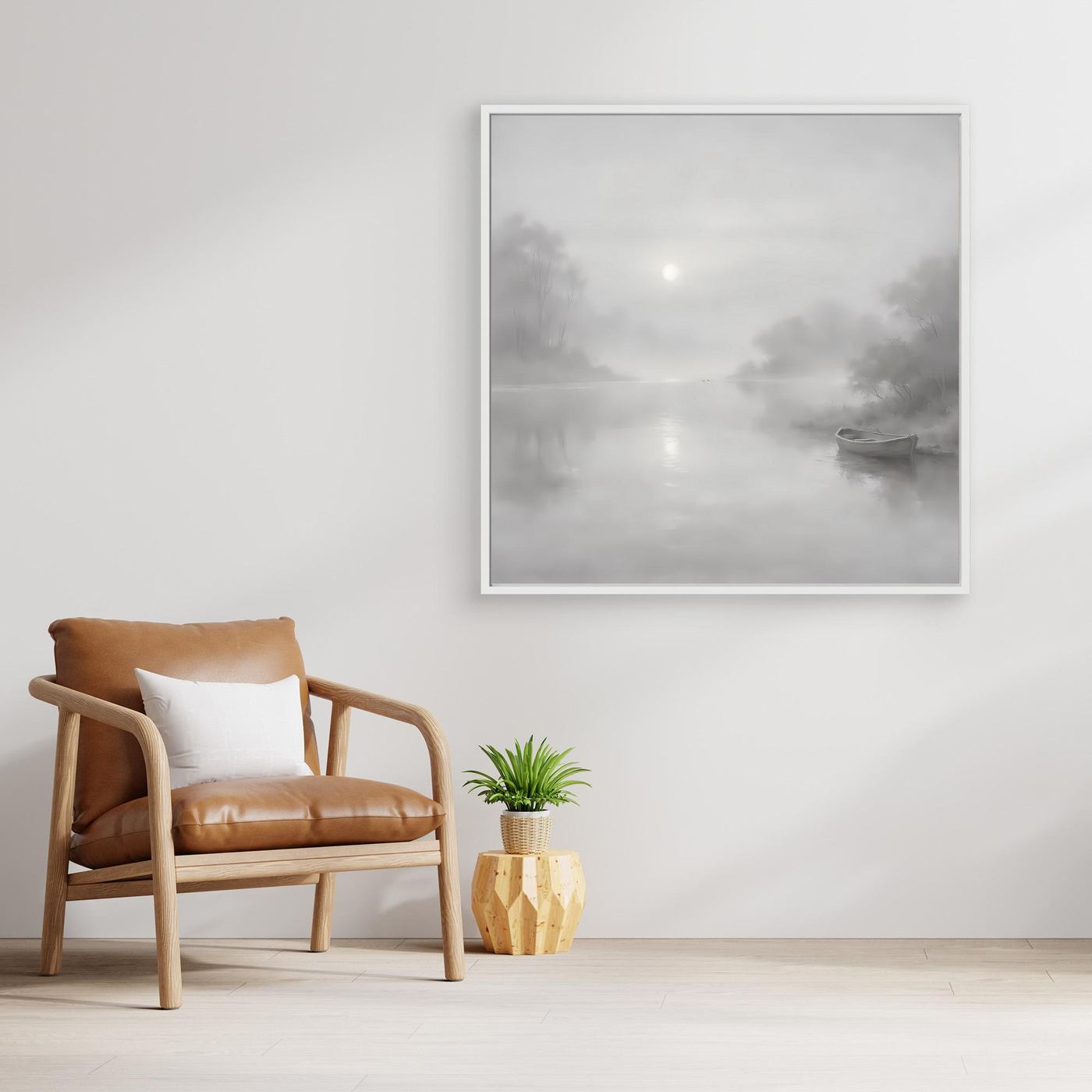 Leinwandbild mit nebligem Flussmotiv in Grau, weißer Rahmen