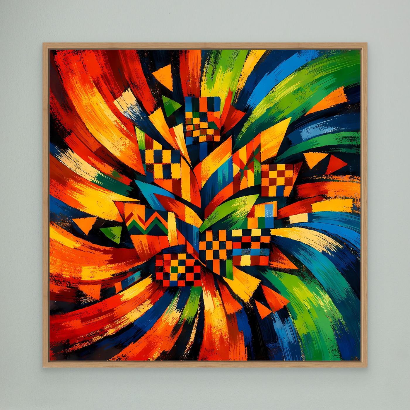 Buntes Leinwandbild mit geometrischen Check-Mustern im Strahlenmotiv, Eichenrahmen