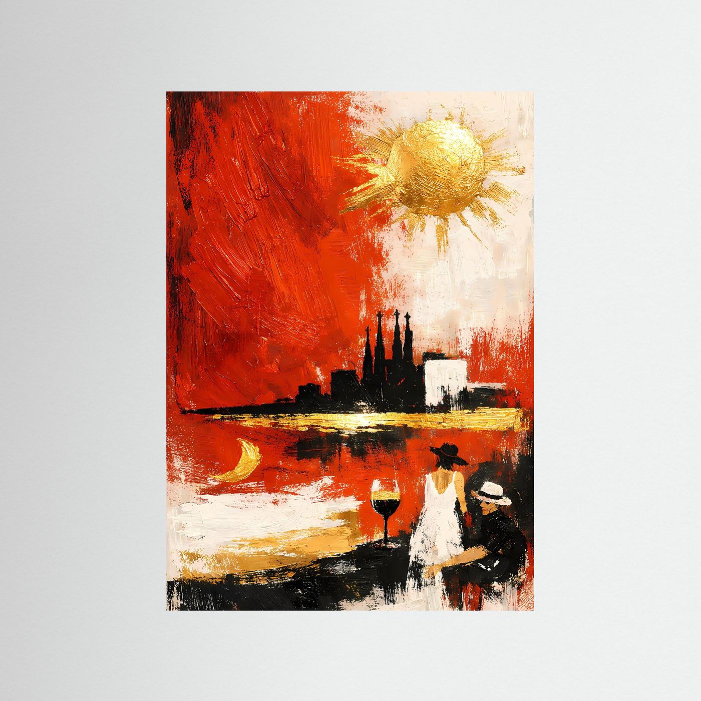 Abstraktes Skyline-Kunstposter, Feuerrot und Gold mit leuchtender Sonne und Figuren, hochformatig