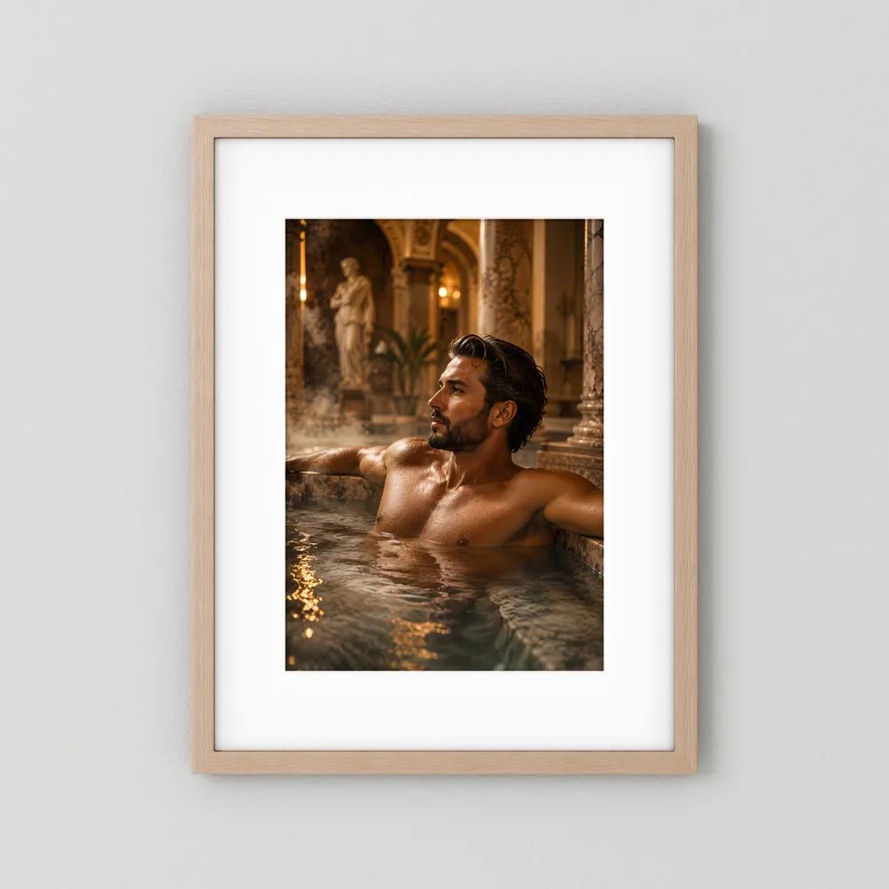 Poster im Rahmen aus hellem Holz: Mann im Thermalbad, Blick nach rechts