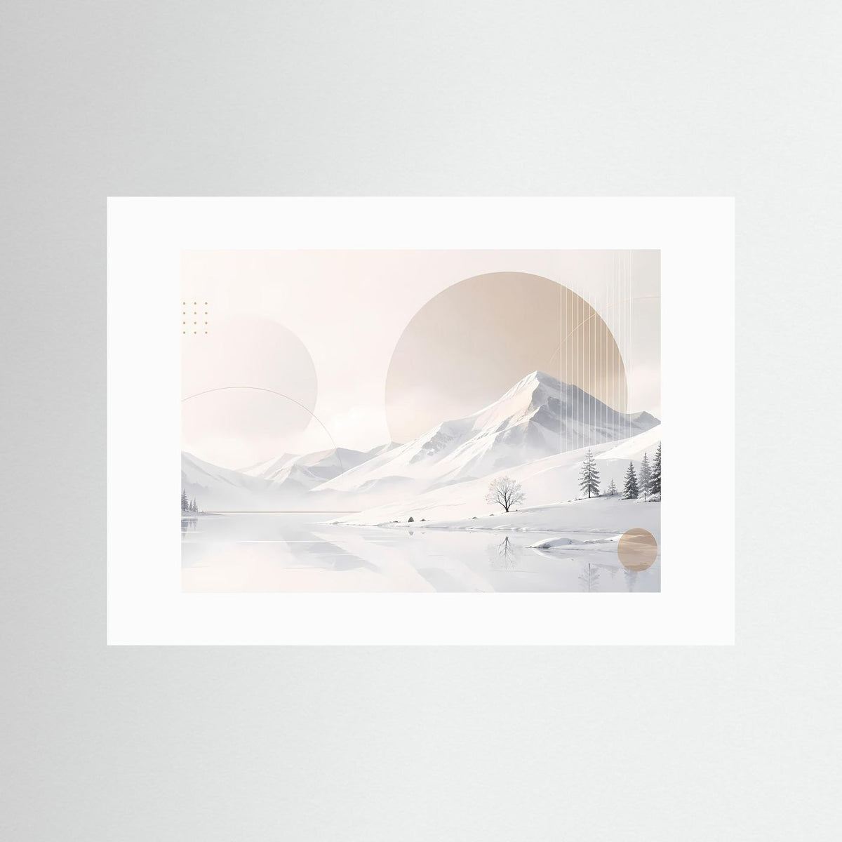 Winterlandschafts-Poster im Querformat mit weißem Passepartout und abstrakten Kreisen