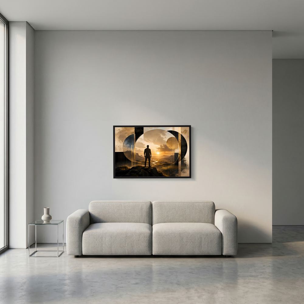 Kleines gerahmtes Poster mit Silhouette eines Mannes vor Sonnenuntergangslandschaft an der Wand