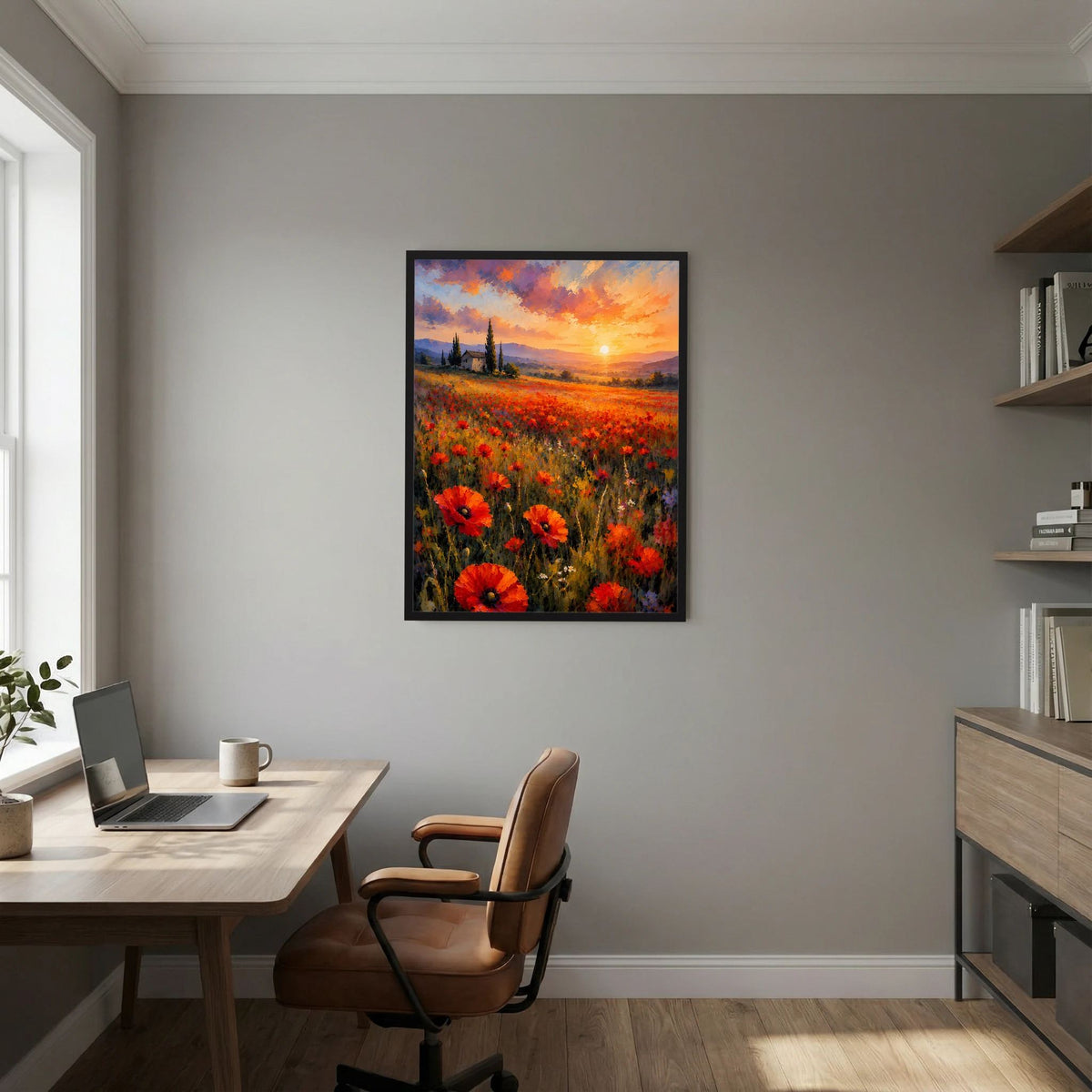 Hochformatiges Poster mit Mohnblumenfeld im Sonnenuntergang, Rot und Orange, schwarzer Rahmen