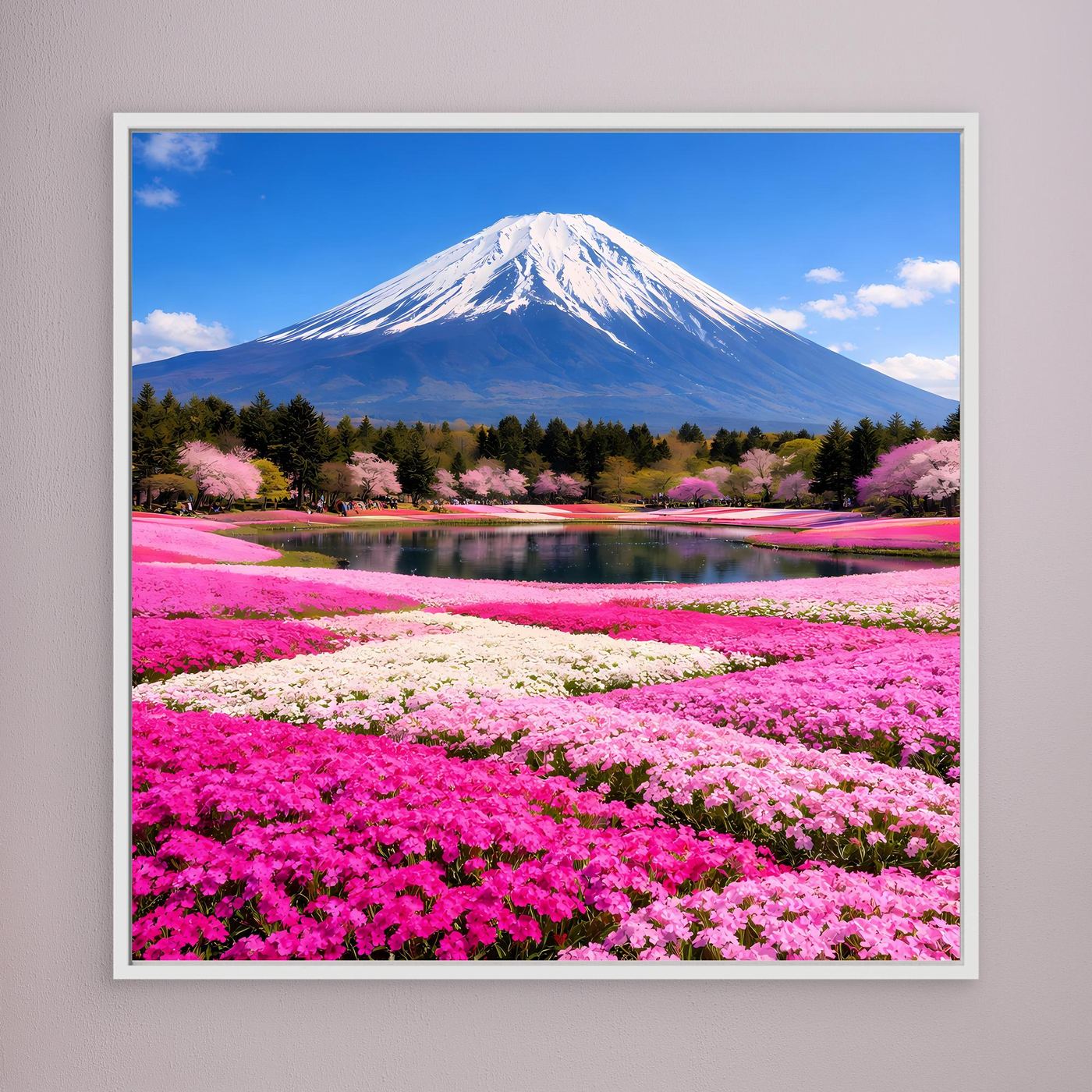 Leinwandbild mit Berg Fuji und pinken Kirschblüten am See, heller Rahmen