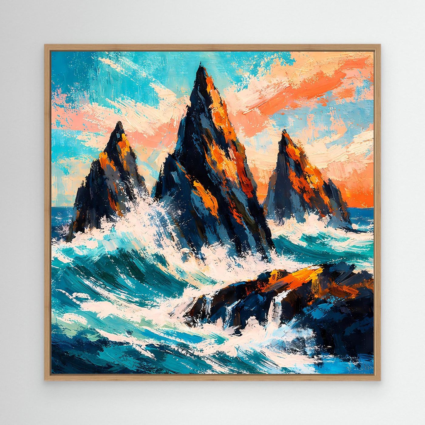 Wandbild mit abstrakten Felsen in der Brandung, türkis-orangen Farben, brauner Holzrahmen