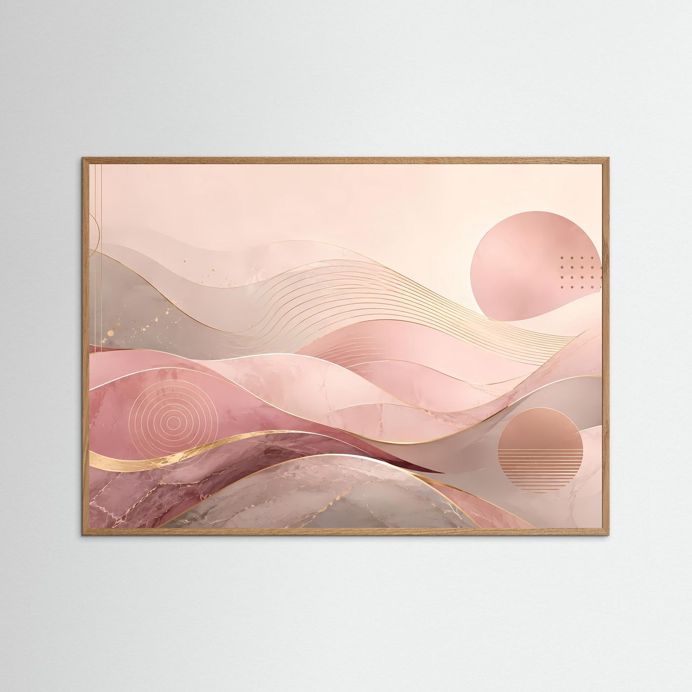 Abstraktes Wellen-Poster querformat mit rosa und Gold in hellem Eichenrahmen